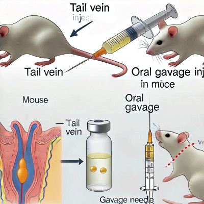 Here are two detailed scientific diagrams illustrating both the tail vein and oral gavage injection procedures in mice. These visuals can complement your webpage on administering gold nanoparticle solutions in mice.